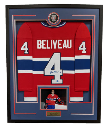 Jean Beliveau Signed Montreal Canadiens Puck Logo 36x44 Jersey Frame