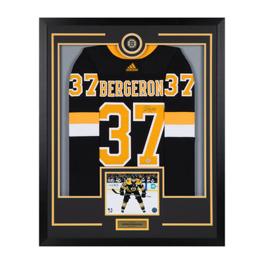 Patrice Bergeron Signed Boston Bruins Puck Logo 36x44 Jersey Frame