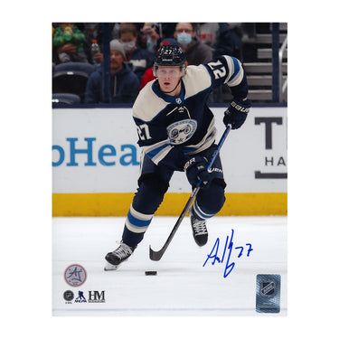 Adam Boqvist Autographed Columbus Blue Jackets Puck Rush 8x10 Photo