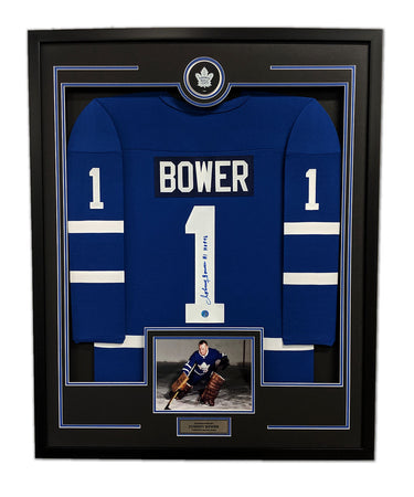 Johnny Bower Signed Toronto Maple Leafs Puck Logo 36x44 Jersey Frame