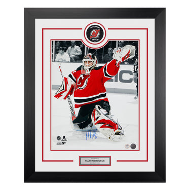 Martin Brodeur Autographed New Jersey Devils Puck Logo 26x32 Frame