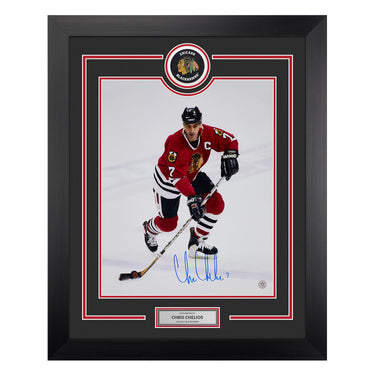 Chris Chelios Signed Chicago Blackhawks Puck Logo 26x32 Frame