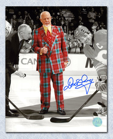 Don Cherry Autographed Plaid Suit Flames Faceoff Spotlight 8x10 Photo