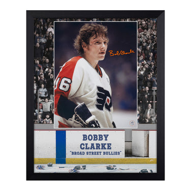 Bobby Clarke Autographed Philadelphia Flyers Hockey Warrior 19x23 Frame