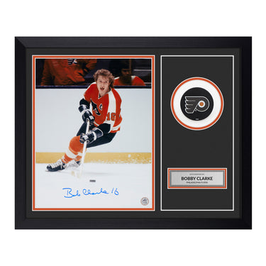 Bobby Clarke Signed Philadelphia Flyers Puck Logo 19x23 Frame