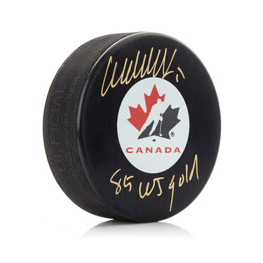 Wendel Clark Signed Team Canada Puck with JR Gold Note