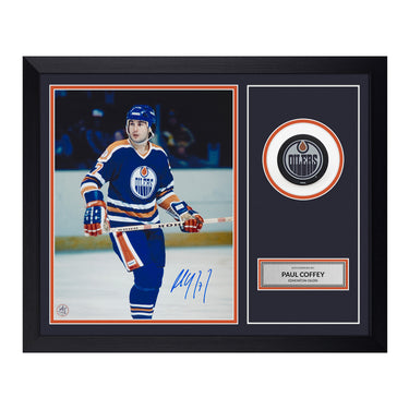 Paul Coffey Signed Edmonton Oilers Puck Logo 19x23 Frame