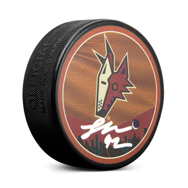 Logan Cooley Signed Arizona Coyotes Stitch Design Hockey Puck