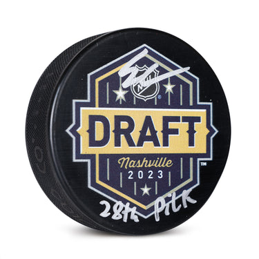 Easton Cowan Signed 2023 NHL Entry Draft Puck with 28th Pick Note