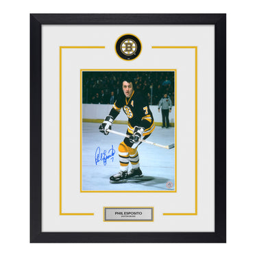 Phil Esposito Autographed Boston Bruins Puck Logo 23x27 Frame