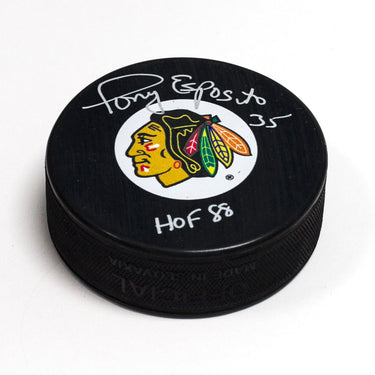 Tony Esposito Signed Chicago Blackhawks Hockey Puck with HOF Note