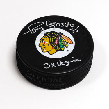 Tony Esposito Chicago Blackhawks Signed Hockey Puck with 3 x Vezina Note