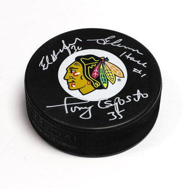 Tony Esposito, Glenn Hall & Ed Belfour Chicago Blackhawks Signed Vezina Puck