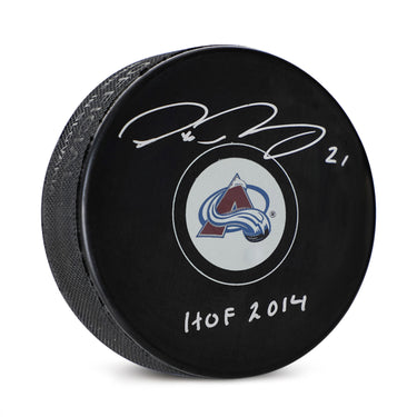 Peter Forsberg Signed Colorado Avalanche Hockey Puck with HOF 2014 Note