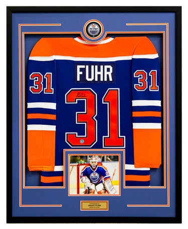 Grant Fuhr Signed Edmonton Oilers Puck Logo 36x44 Jersey Frame