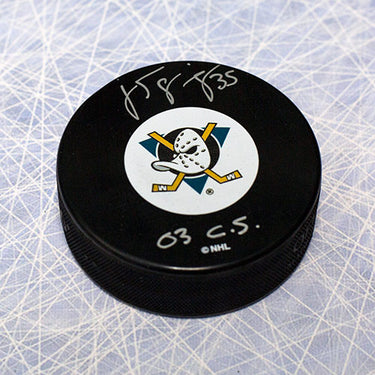 JS Giguere Signed Anaheim Mighty Ducks Puck with 03 Conn Smythe Note