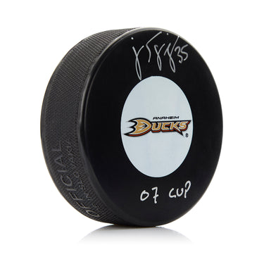 JS Giguere Signed Anahiem Ducks Hockey Puck with 07 Cup note