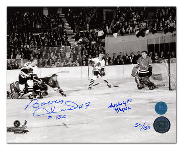 Bobby Hull vs Gump Worsley Dual Signed & Inscribed Scoring Goal #50 8x10 Photo