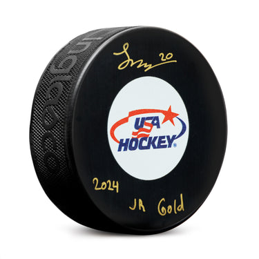 Lane Hutson Autographed Team USA Hockey Puck with 2024 Jr Gold Note