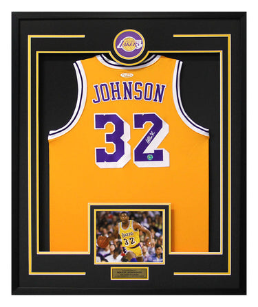 Magic Johnson Signed Los Angeles Lakers Team Logo 36x44 Jersey Frame