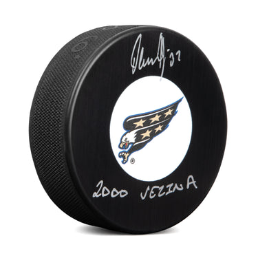 Olaf Kolzig Signed Washington Capitals Retro Puck with Vezina Note