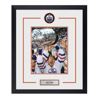 Jari Kurri Signed Edmonton Oilers Championship Puck Logo 23x27 Frame