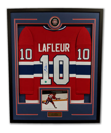 Guy Lafleur Signed Montreal Canadiens Puck Logo 36x44 Jersey Frame