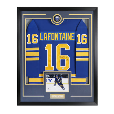 Pat LaFontaine Signed Buffalo Sabres Puck Logo 36x44 Jersey Frame