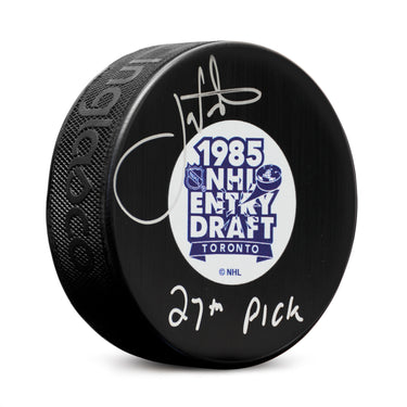 Joe Nieuwendyk Signed 1985 NHL Entry Draft Puck with 27th Pick Note
