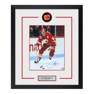 Joe Nieuwendyk Autographed Calgary Flames Puck Logo 23x27 Frame