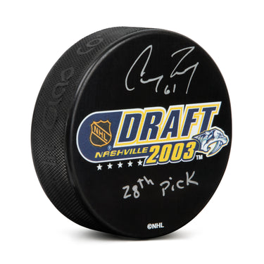 Corey Perry Signed 2003 NHL Entry Draft Puck with 28th Pick Note