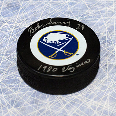 Bob Sauve Autographed Buffalo Sabres Hockey Puck with 1980 Vezina Note