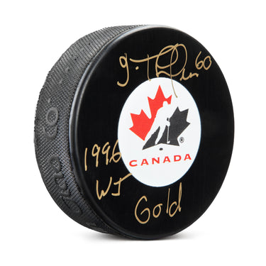 Jose Theodore Signed Team Canada Hockey Puck with 1996 WJ Gold Note