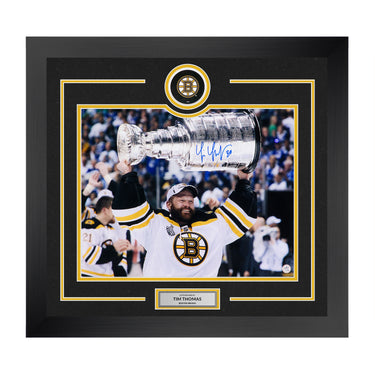 Tim Thomas Signed Boston Bruins Stanley Cup Puck Logo 26x32 Frame