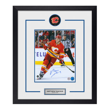 Matthew Tkachuk Autographed Calgary Flames Puck Logo 23x27 Frame