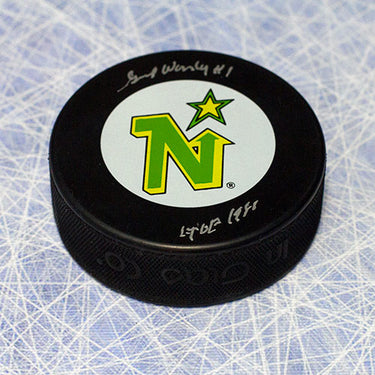 Gump Worsley Signed Minnesota North Stars Hockey Puck with HOF Note