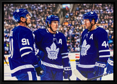 Mitch Marner, John Tavares and Morgan Rielly 20x29 Framed  Canvas Toronto Maple Leafs Blue Talking-H - Frameworth Sports Canada 