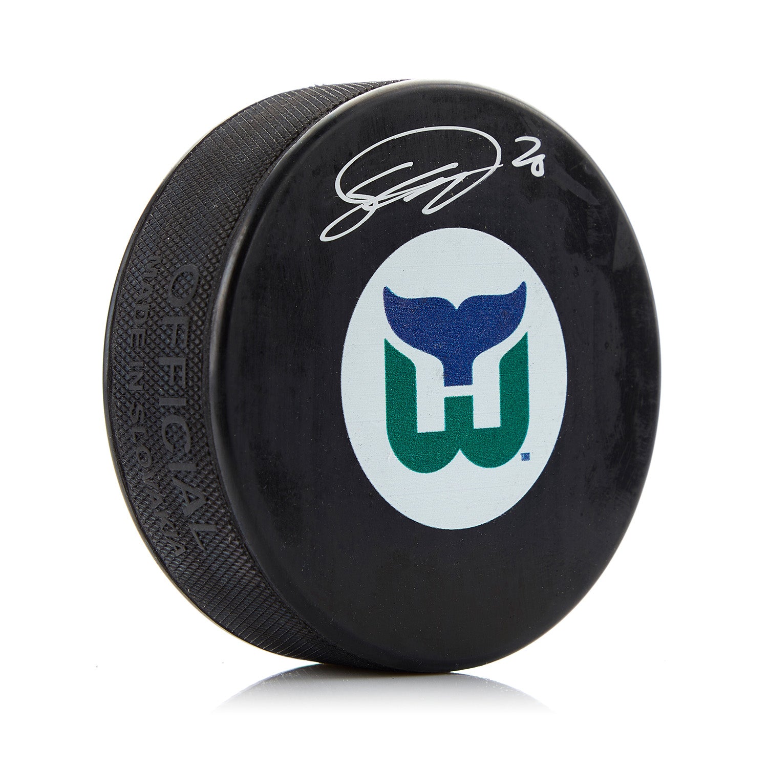 Sebastian Aho Hartford Whalers Signed Heritage Logo Hockey Puck