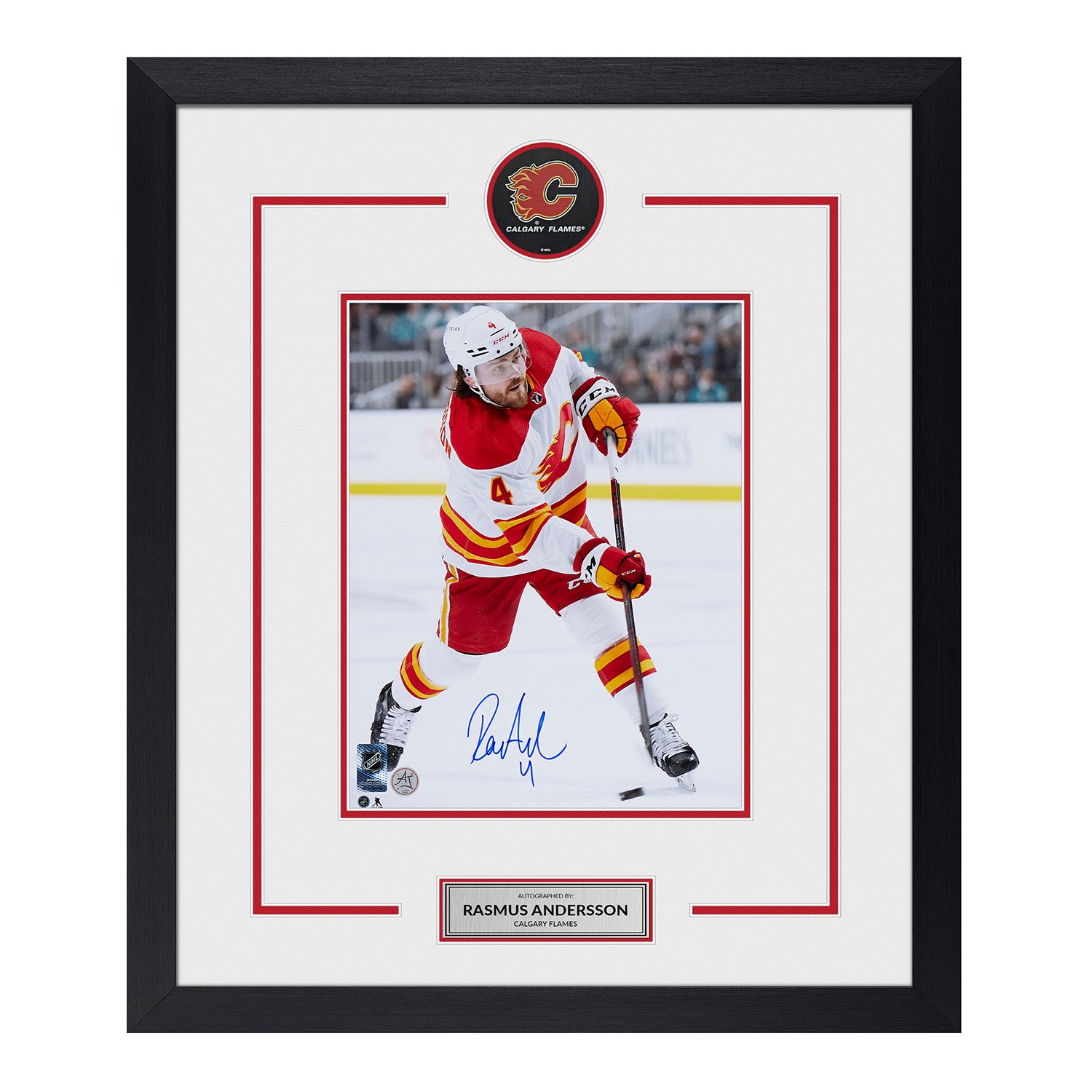Rasmus Andersson Autographed Calgary Flames Puck Display 23x27 Frame