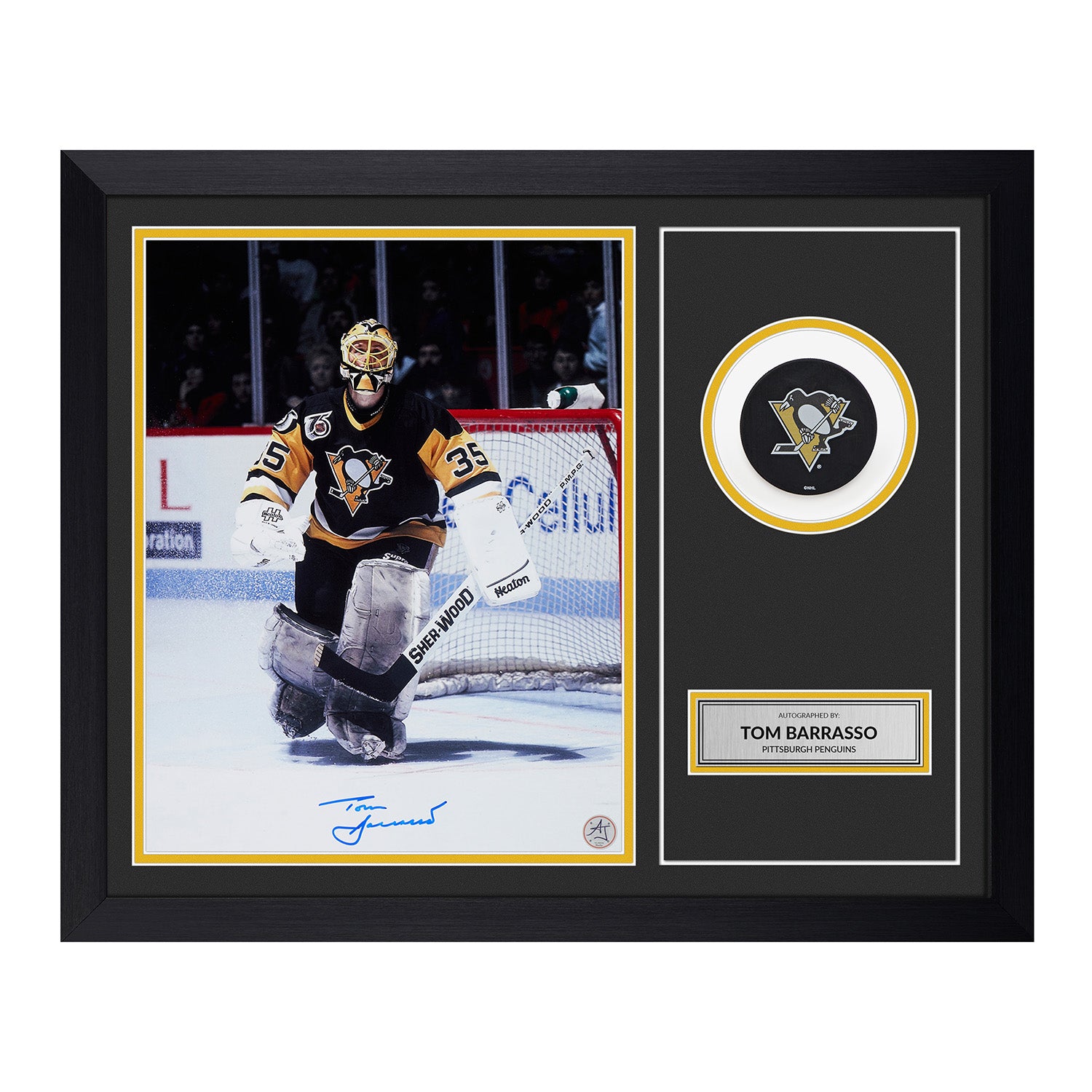 Tom Barrasso Signed Pittsburgh Penguins Puck Display 19x23 Frame