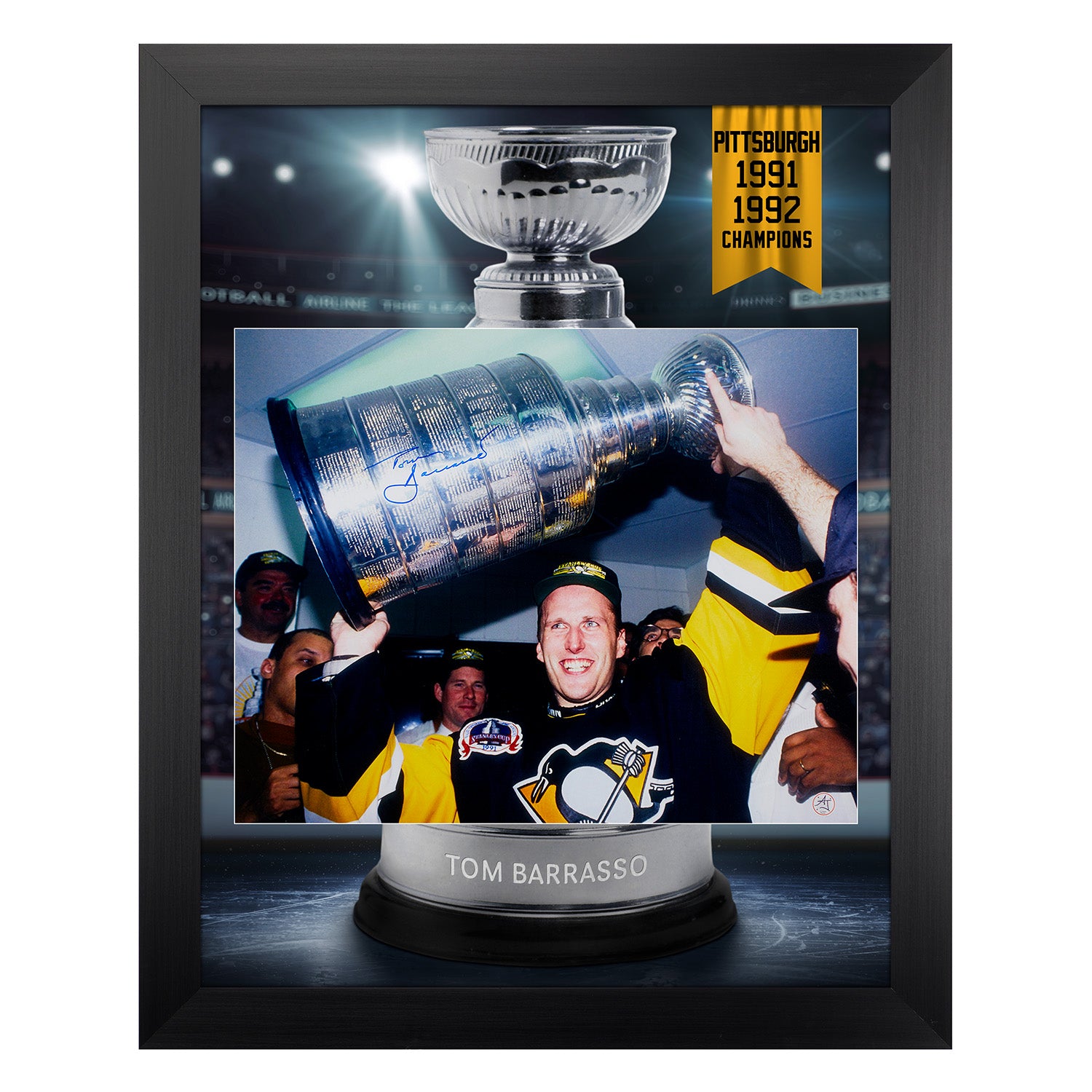 Tom Barrasso Signed Pittsburgh Penguins Champion Cup Graphic 26x32 Frame
