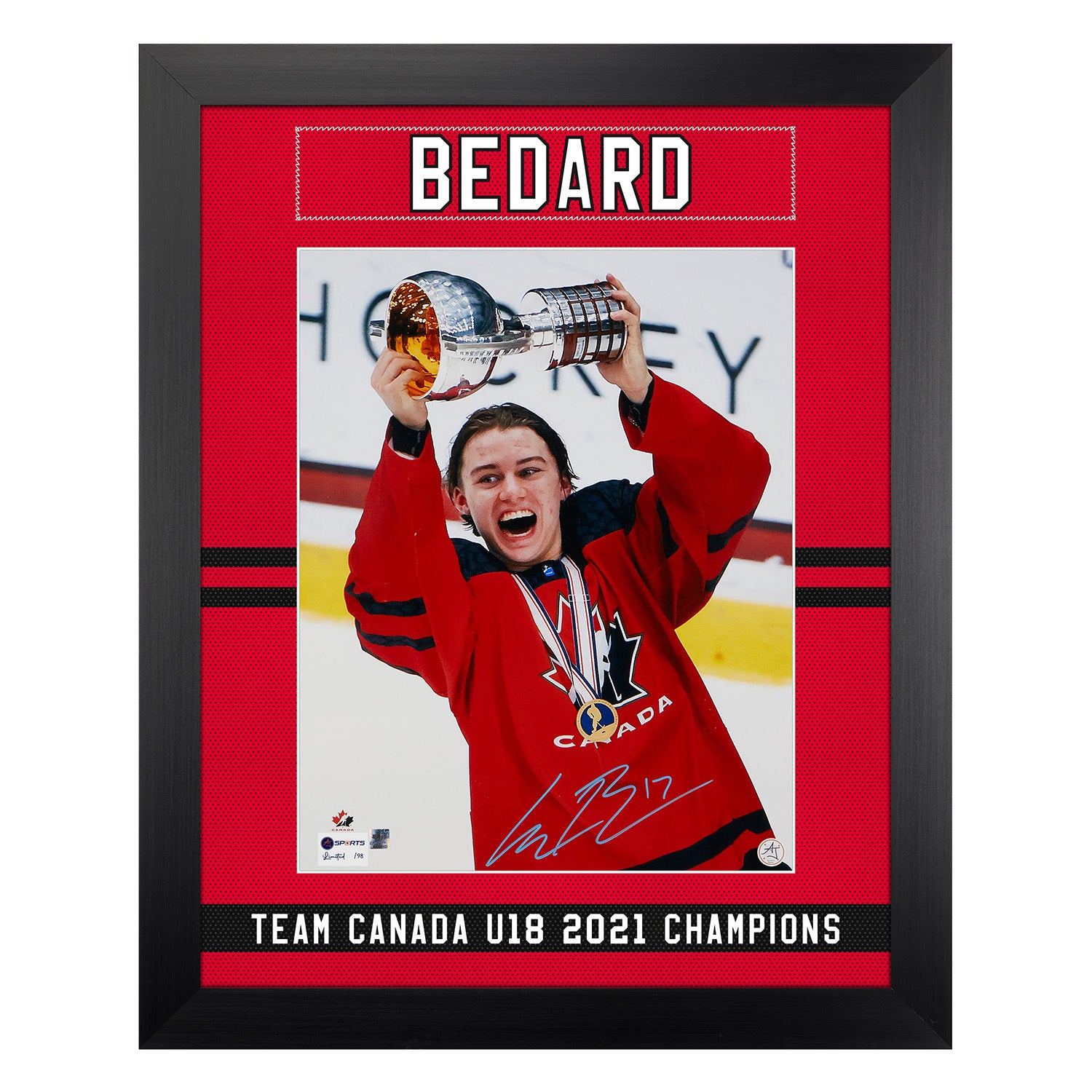Connor Bedard Signed Team Canada U18 Gold Medal Uniform Graphic 26x32 Frame