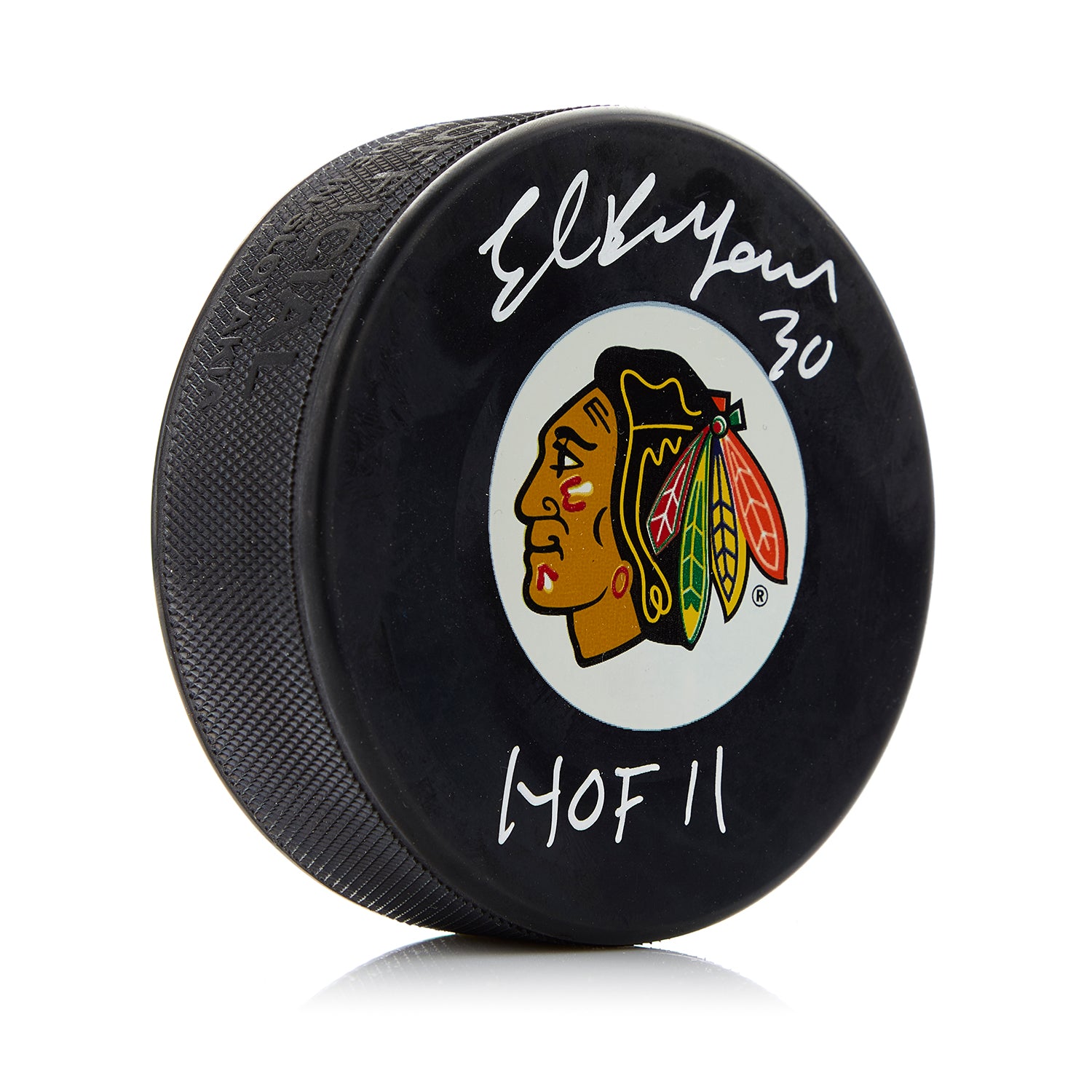 Ed Belfour Chicago Blackhawks Autographed Hockey Puck with HOF Note