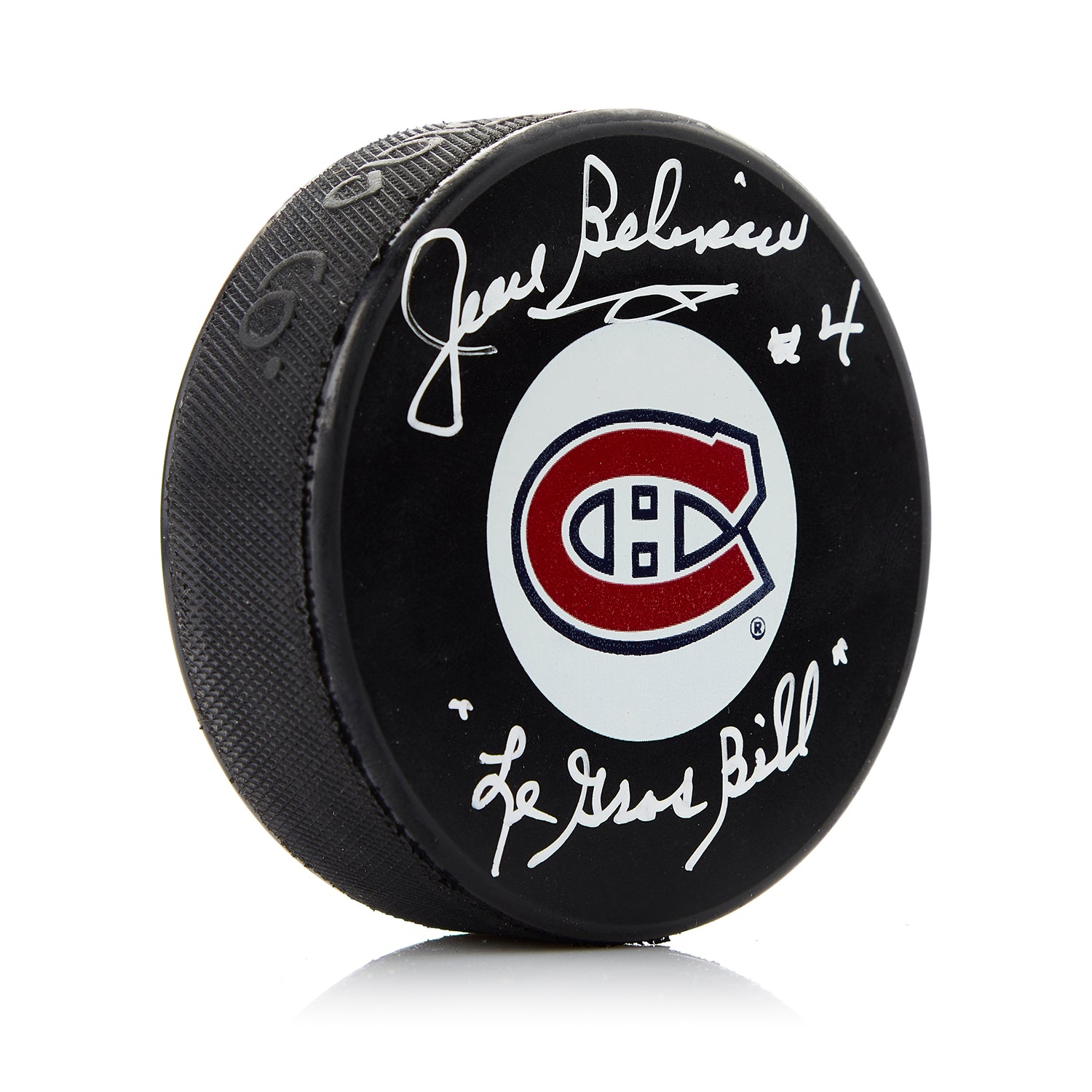 Jean Beliveau Montreal Canadiens Autographed Puck with Le Gros Bill Note