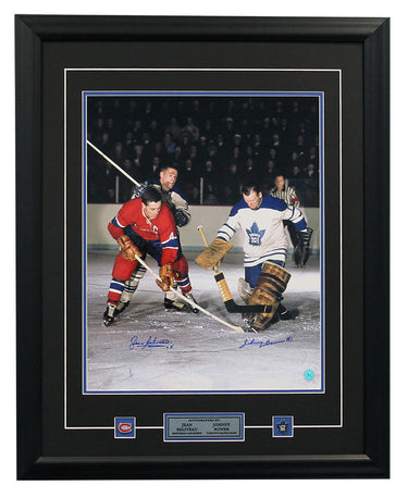 Jean Beliveau vs Johnny Bower Dual Signed Original 6 Hockey Legends 20x24 Frame