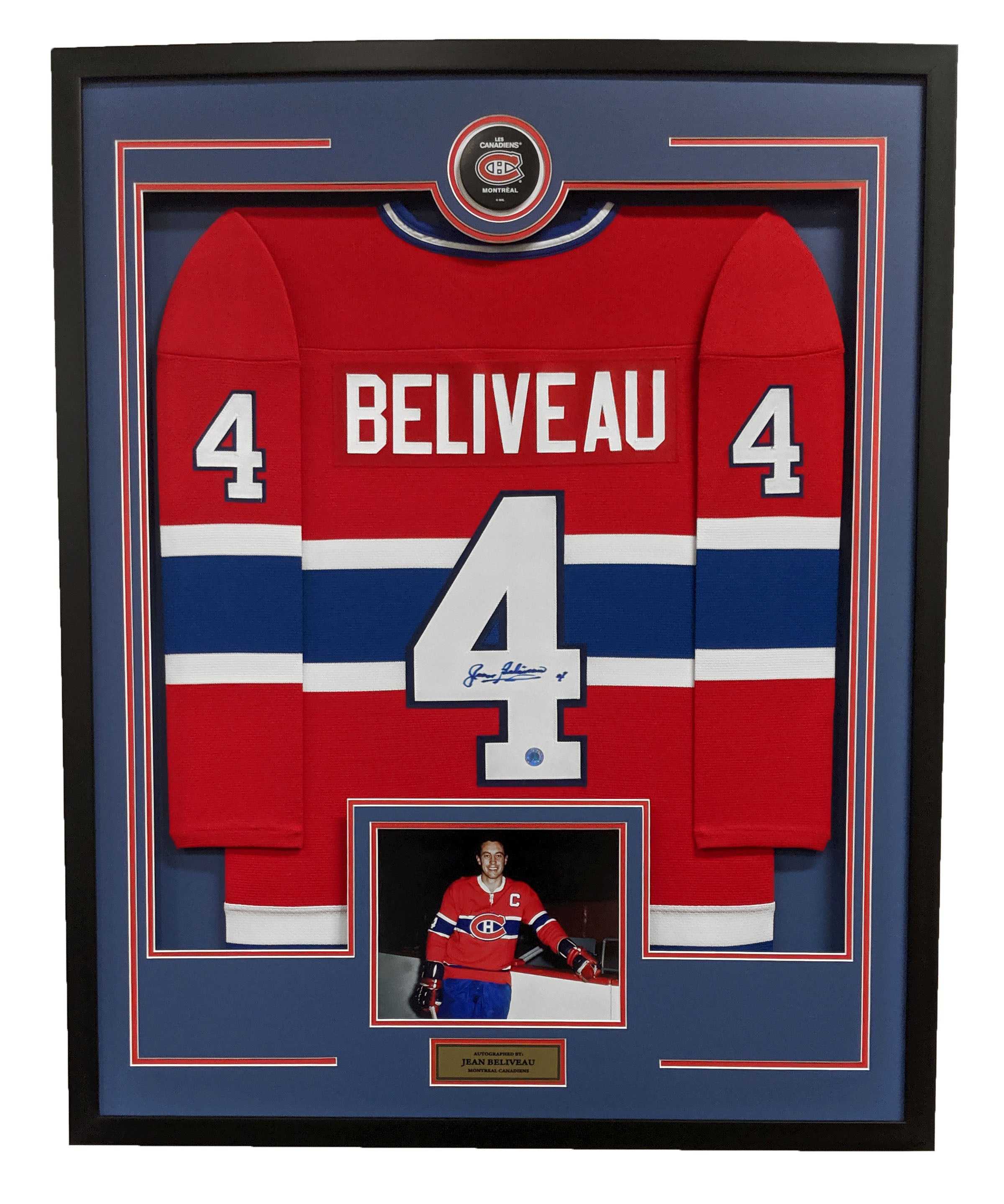 Jean Beliveau Signed Montreal Canadiens 36x44 Jersey Frame