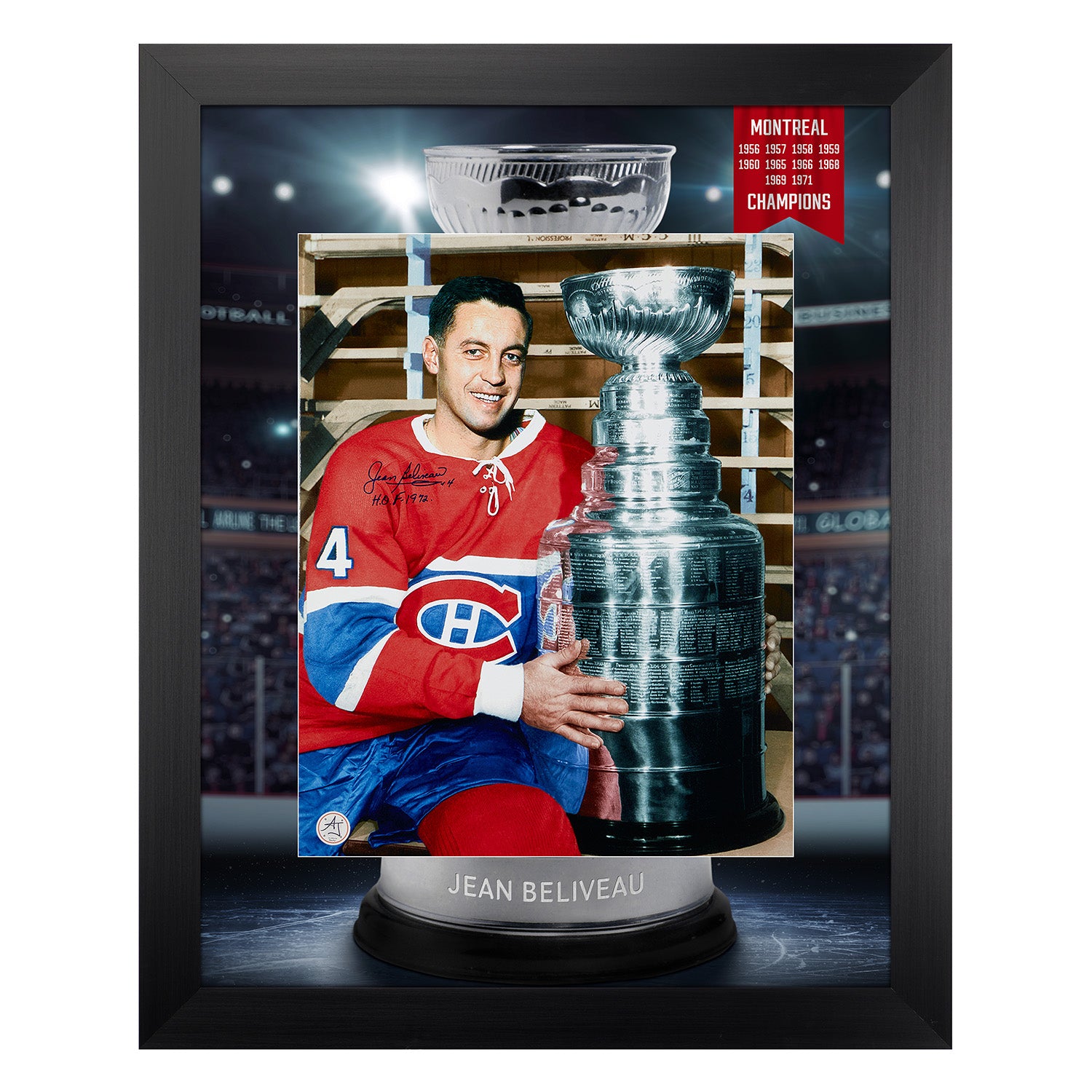Jean Beliveau Autographed Montreal Canadiens Cup Champion 26x32 Frame