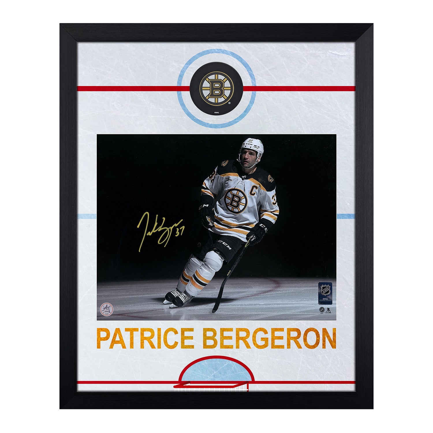 Patrice Bergeron Signed Boston Bruins Graphic Rink 19x23 Frame