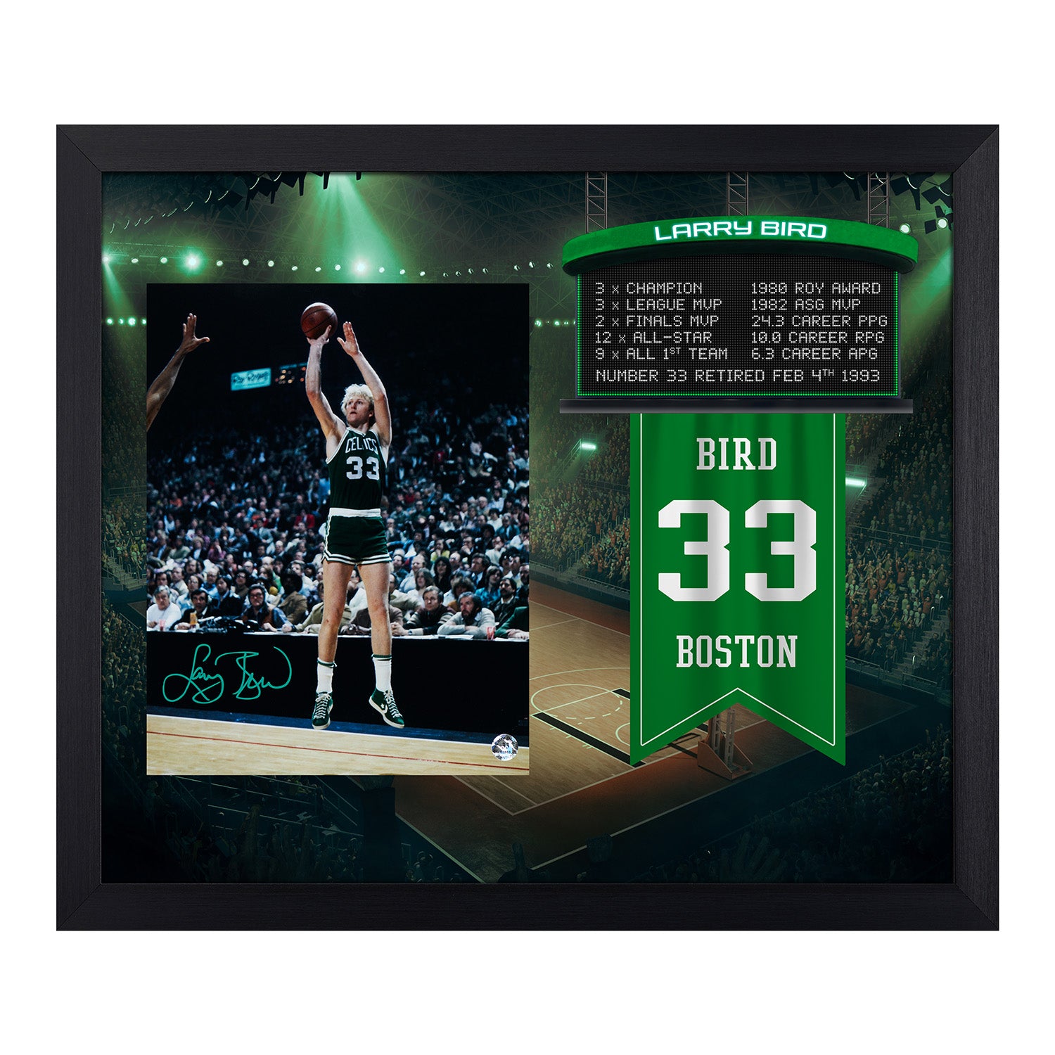 Larry Bird Autographed Boston Celtics Retired Number Graphic 23x27 Frame