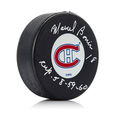 Marcel Bonin Montreal Canadiens Autographed Puck with Stanley Cup Note